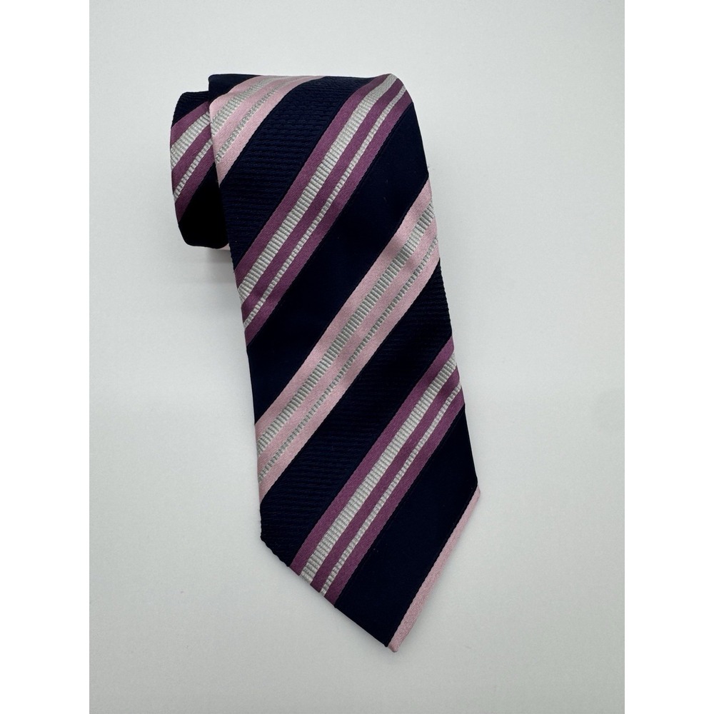 Tasso Elba Silk Tie Navy Blue Pink Striped Classic Necktie Made in Italy